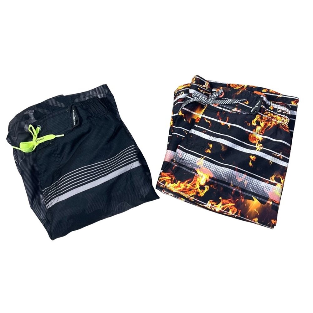 2 Pair ZeroXPosur Boy's Swim Trunks Board Short Size 10/12 Flame Neon